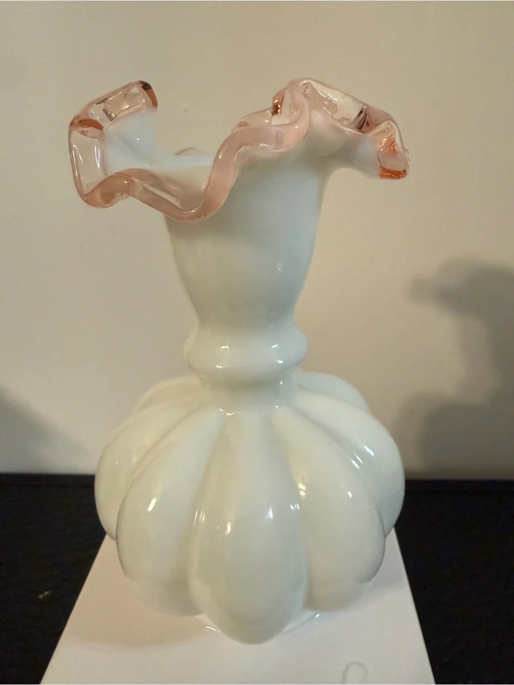 Siver crest Fenton White Milk Glass Vase Pink Interior Ruffled Edge
